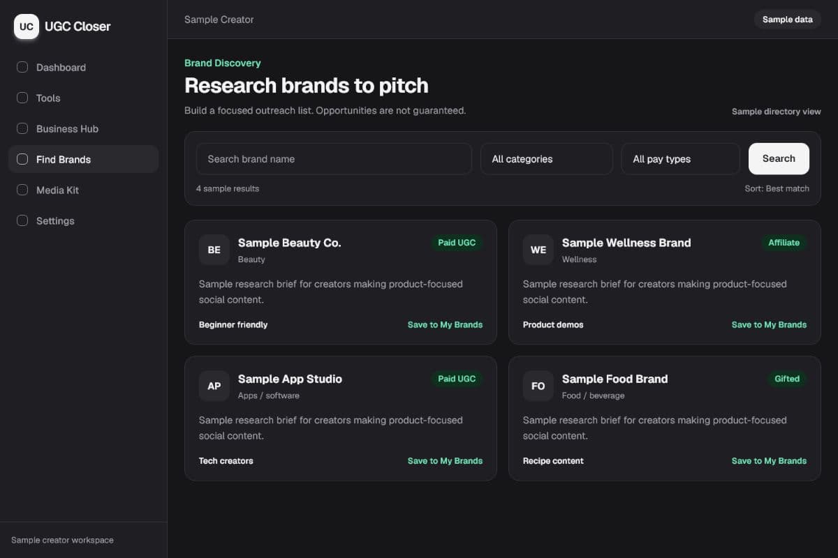 UGC Closer Brand Discovery showing sample filters and brand research cards