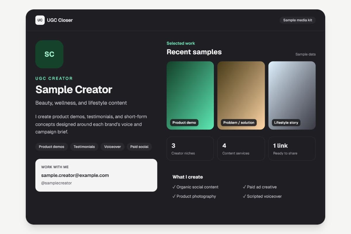 A sample published UGC Closer media kit with creator bio, services, and work samples