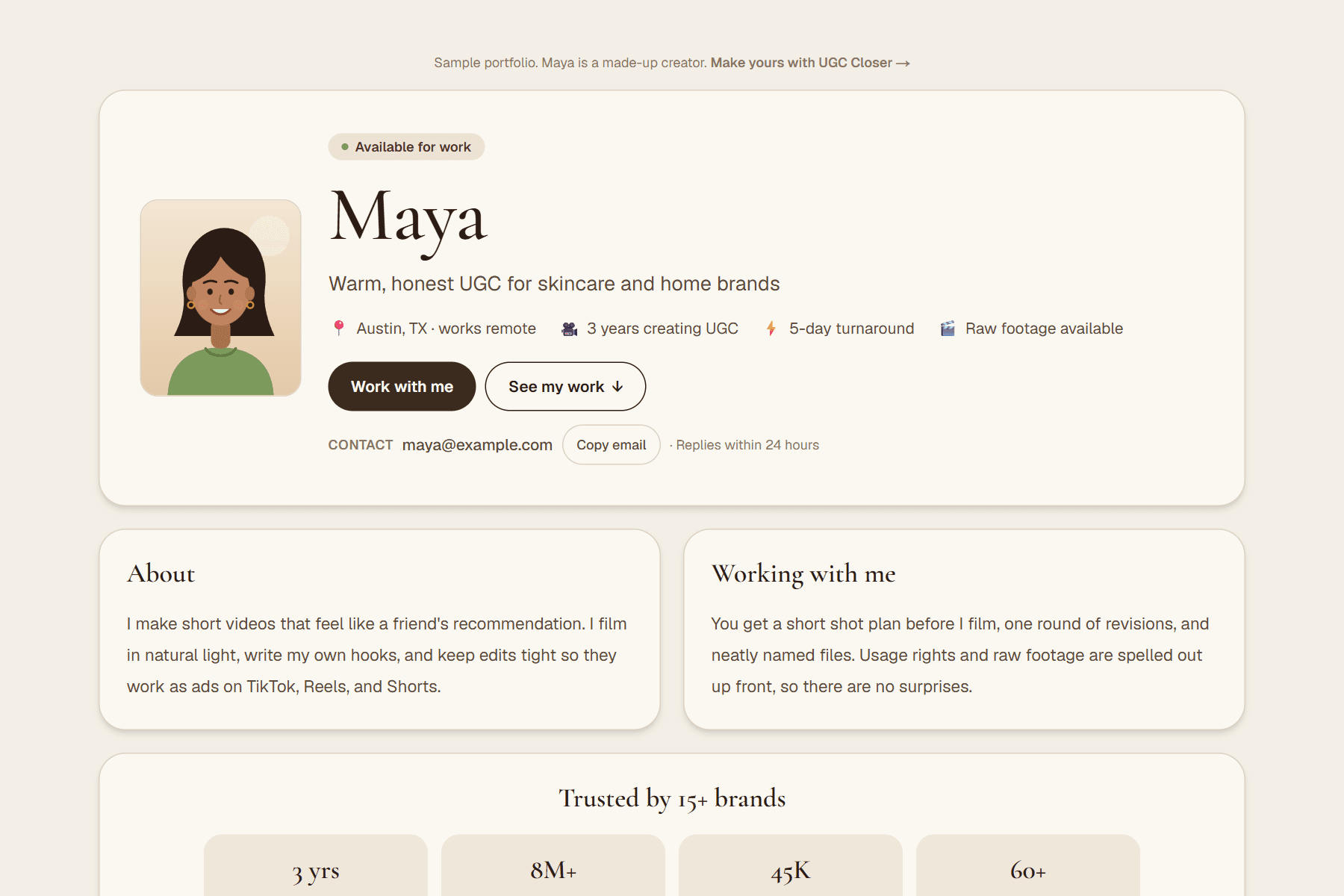 A sample published UGC Closer portfolio with a creator header, highlights, About, and Working with me sections